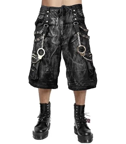 Gothic Cargo Shorts, Black with Red Stitching, Wide Leg, Chain and